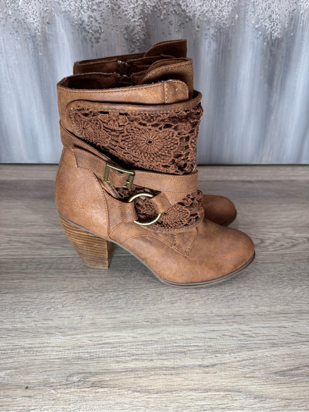 Not Rated Brown Lace-Accent Ankle Booties with Side Zipper